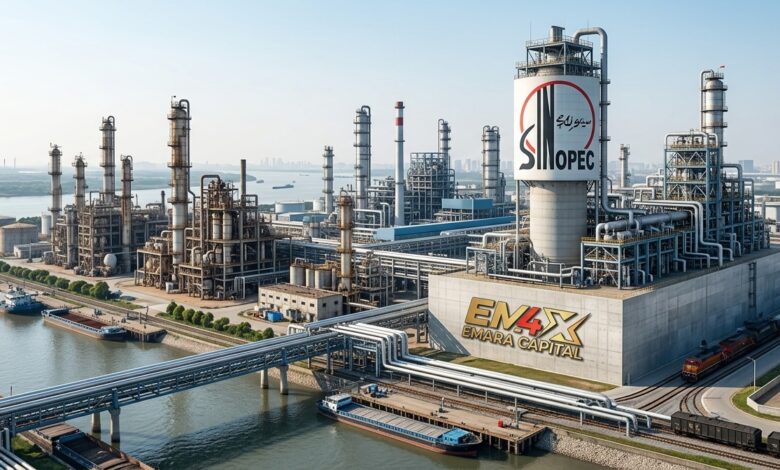 صفاة نفط سينوبك مع رسم بياني لأسعار النفط والشموع اليابانية لتوقعات الطلب في الصين